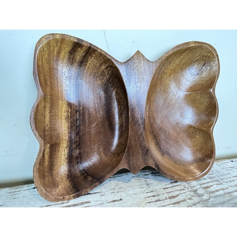 Vintage Boho Caribbean Crafted Handmade Wooden Butterfly Jewelry Trinket Tray